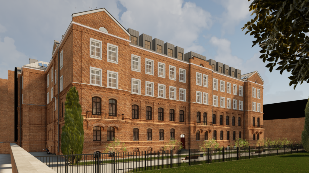 Obraz przedstawiający Inwestycję Apartamenty Markowska przy ul. Markowska 18a w Warszawie. Obraz przedstawia front kamienicy w tle widoczne są budynku kompleksu Centrum Praskiego Koneser. 